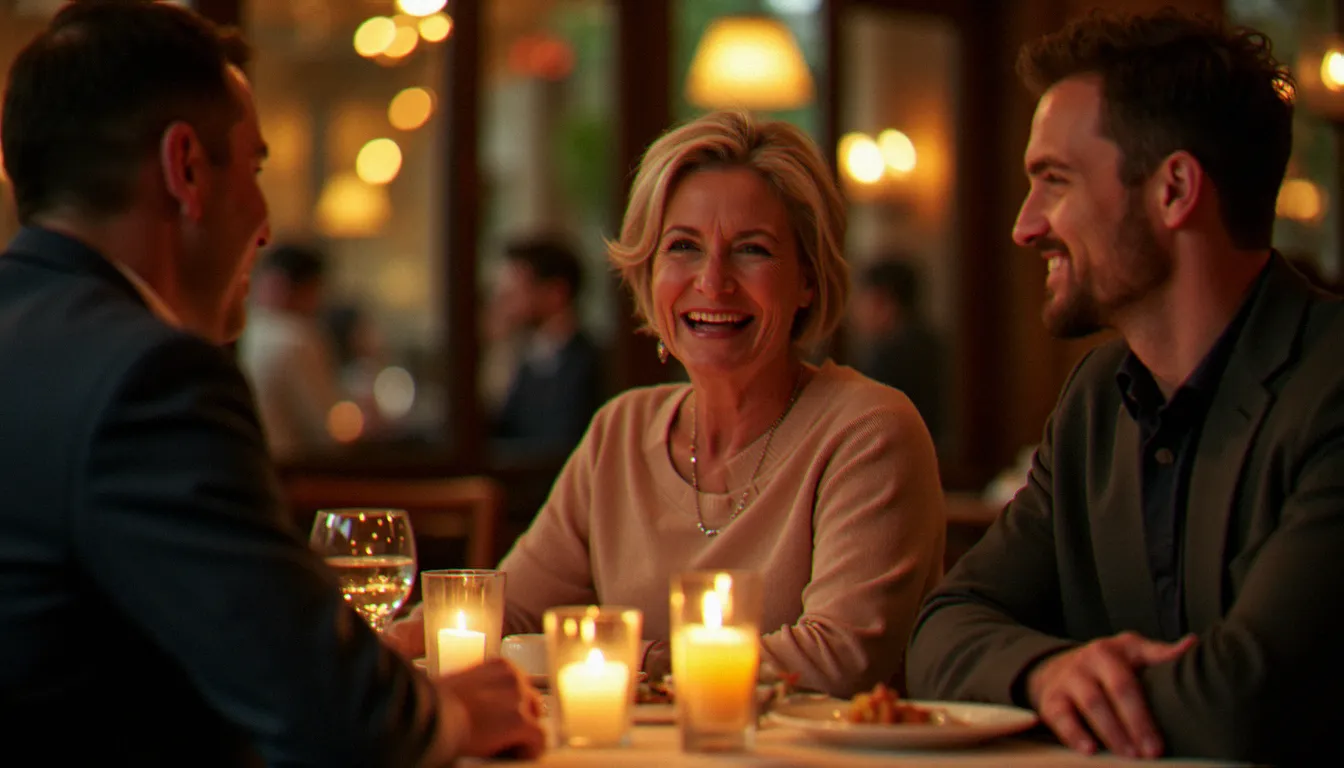 Femme mûre et homme plus jeune en conversation animée lors d'un dîner, illustrant la complicité d'une rencontre cougar