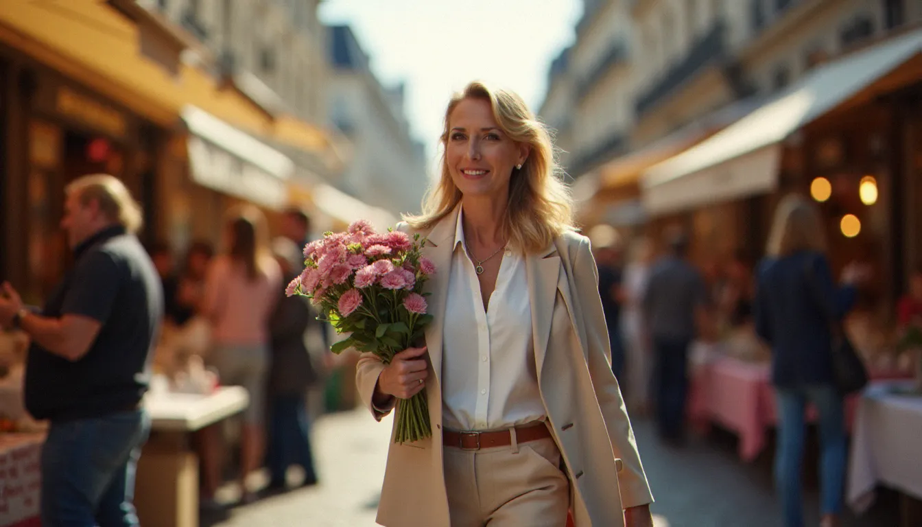 Femme mature épanouie se promenant dans un marché parisien, allure décontractée et assurée, image symbolisant la belle cougar dans son quotidien