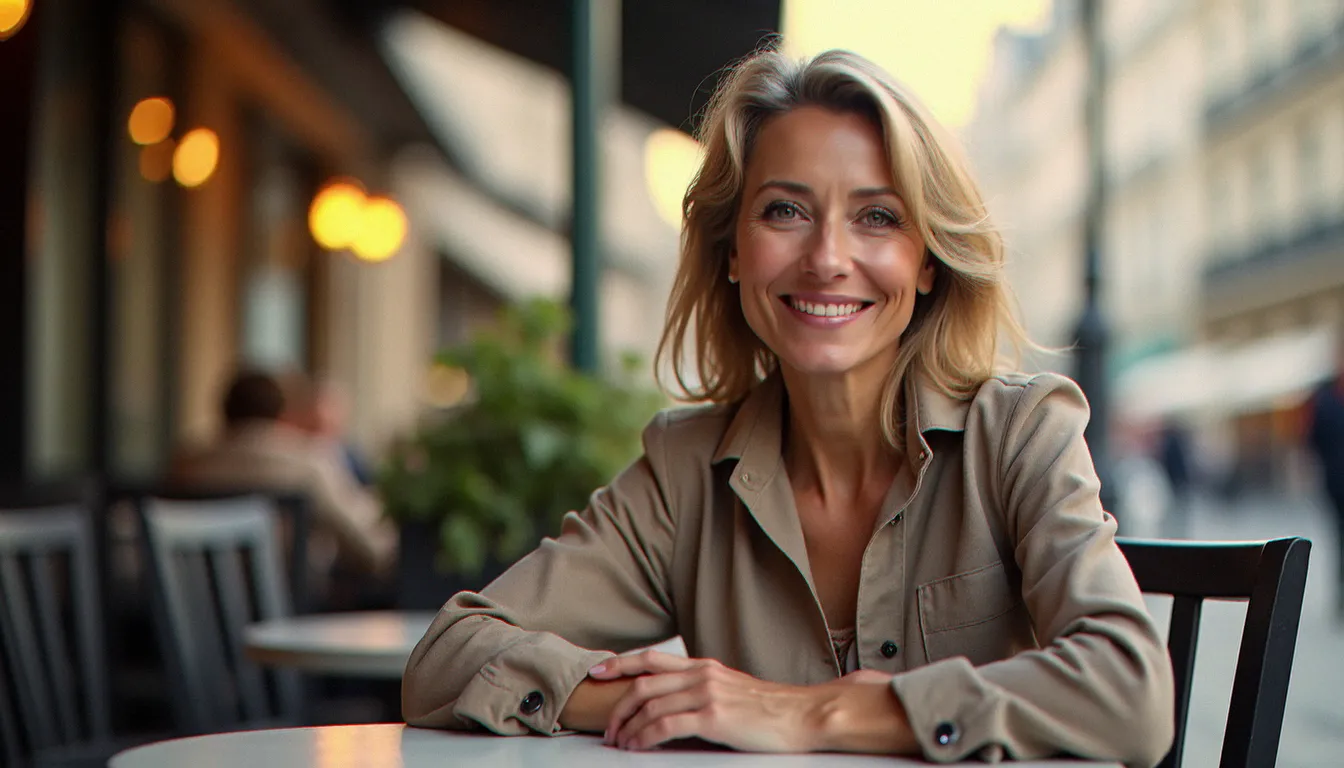 Belle cougar parisienne élégante assise en terrasse de café, regard confiant et sourire naturel