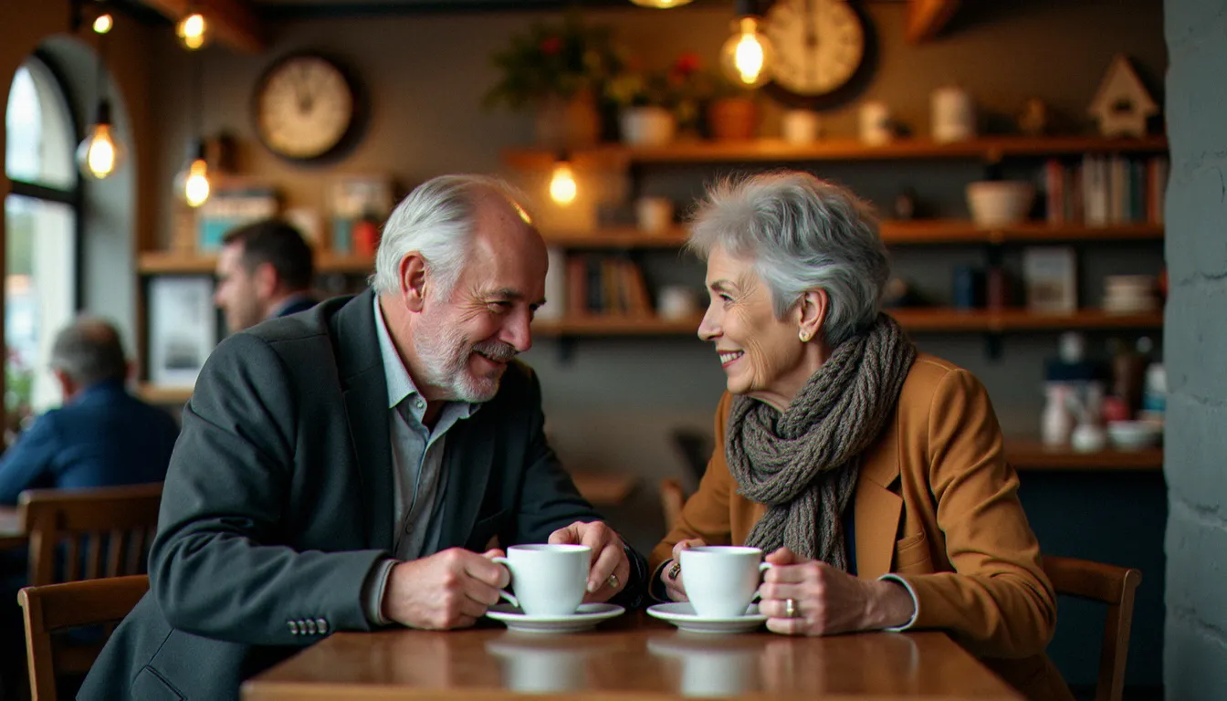 Deux adultes d'âges différents en conversation sincère dans un café breton chaleureux, symbolisant une rencontre cougar authentique à Brest