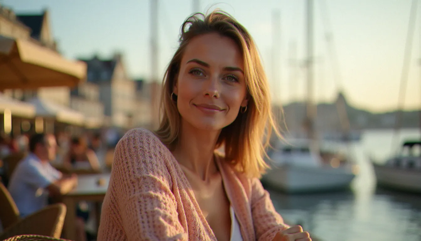 Femme élégante d'une quarantaine d'années attablée en terrasse face au port de Brest, illustrant les rencontres brest cougar dans un cadre maritime authentique