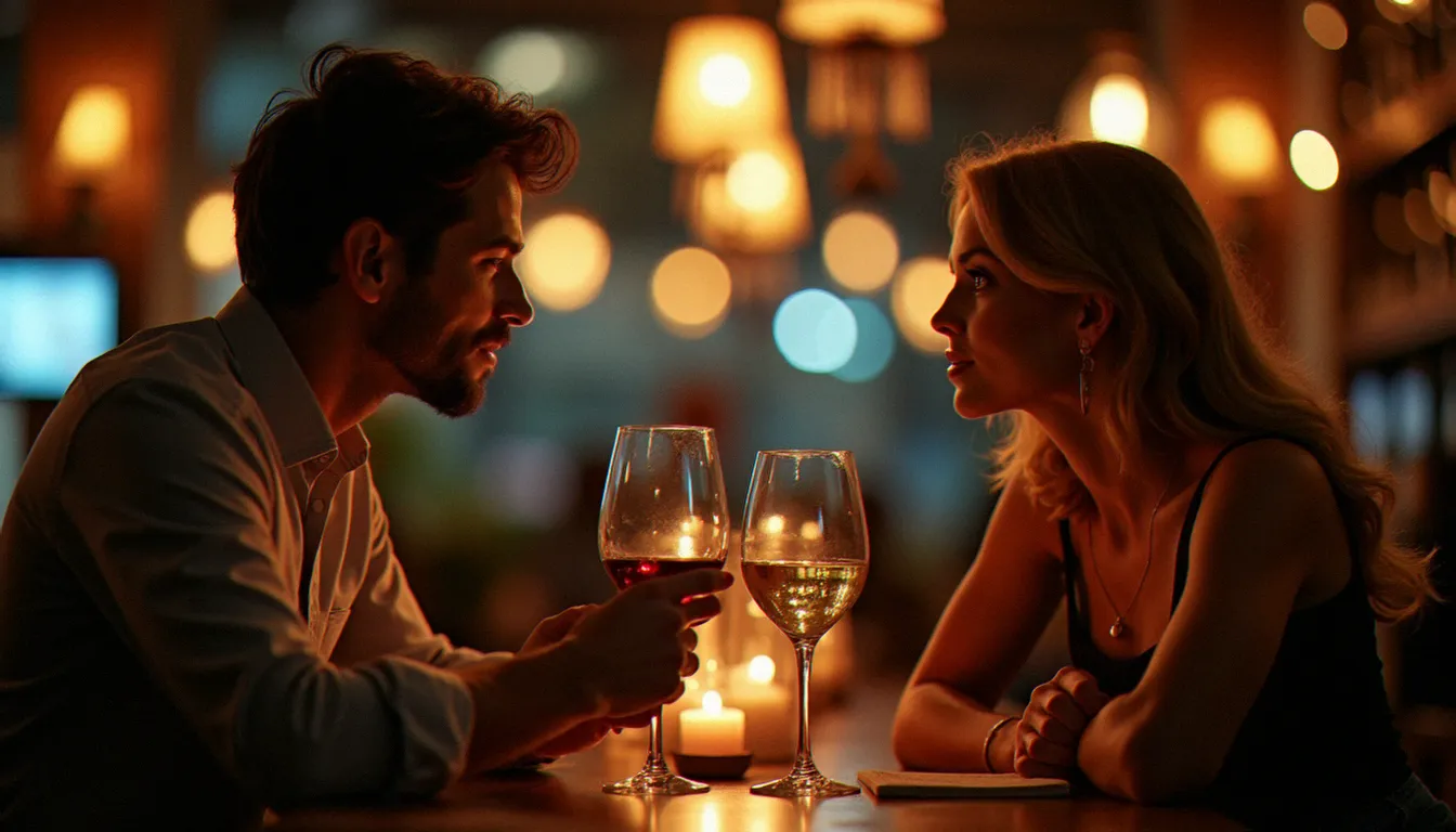 Un homme jeune et une femme mûre en grande conversation dans un bar à vins, illustration d'une rencontre authentique entre générations