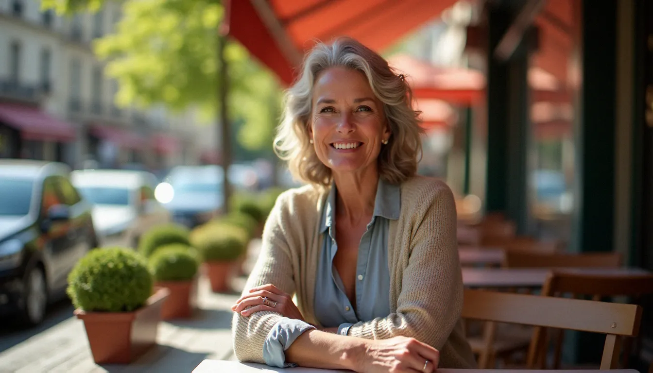 Femme mûre élégante et souriante à la terrasse d'un café parisien, illustrant la recherche d'une cougar confiante et épanouie
