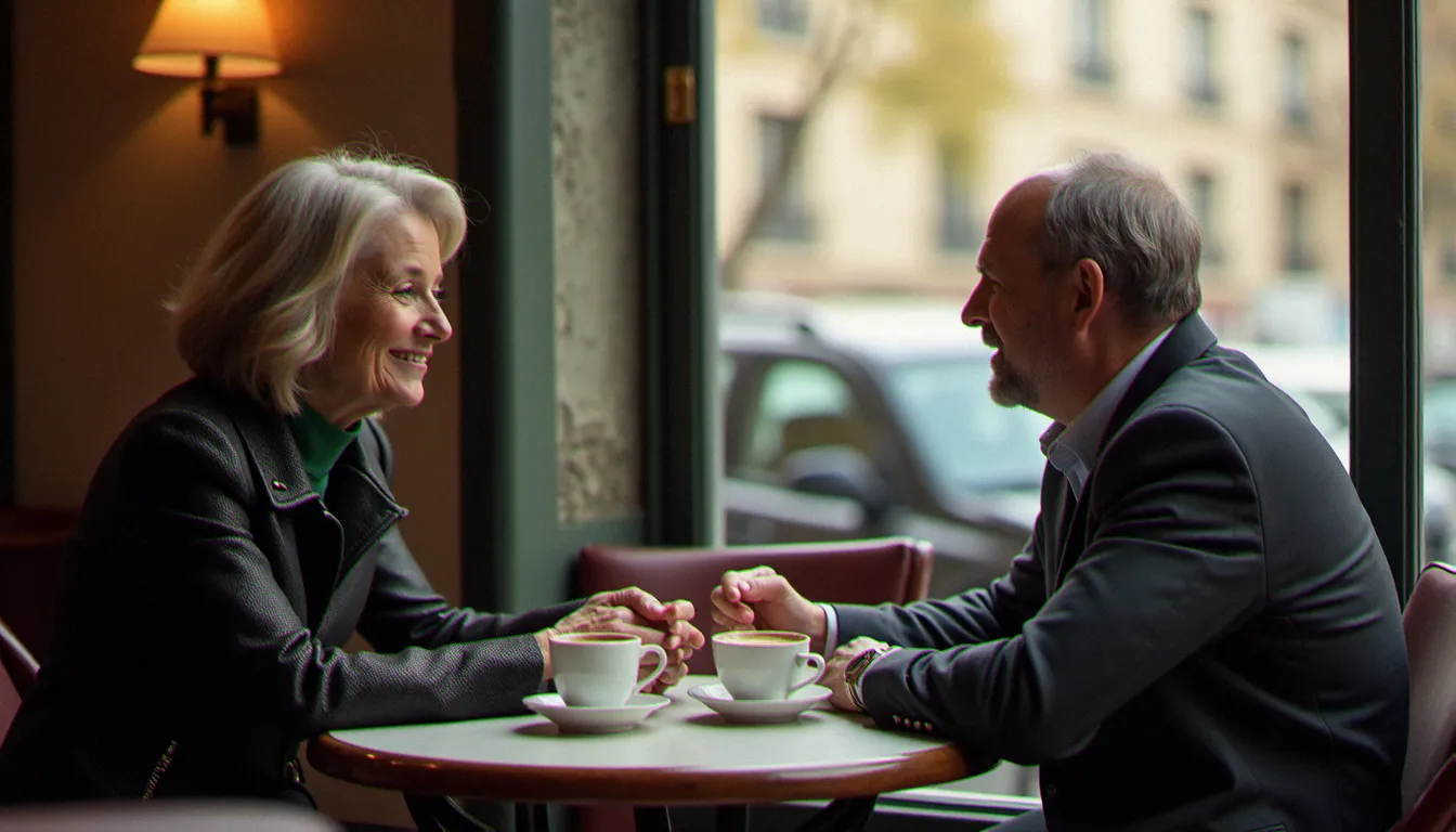 Rencontre entre une femme mûre et un homme plus jeune autour d'un café à Paris, illustrant une relation cougar épanouie