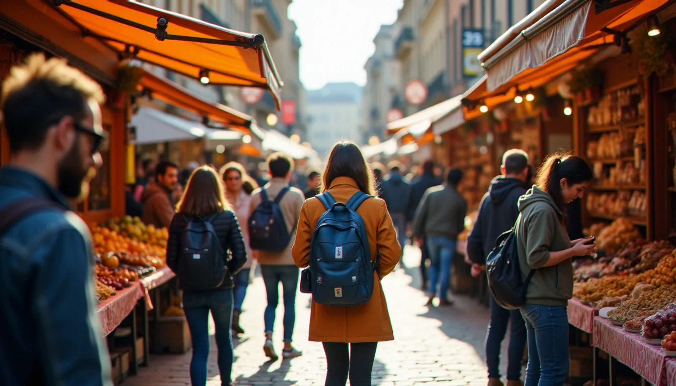 Marché animé du centre-ville de Toulouse, lieu de rencontre naturel entre femmes mûres et hommes plus jeunes