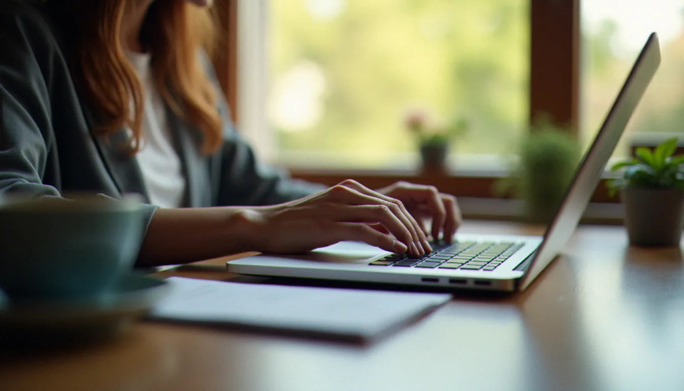 Mains de femme tapant une annonce de rencontre sur un clavier d'ordinateur portable dans une ambiance lumineuse et sereine