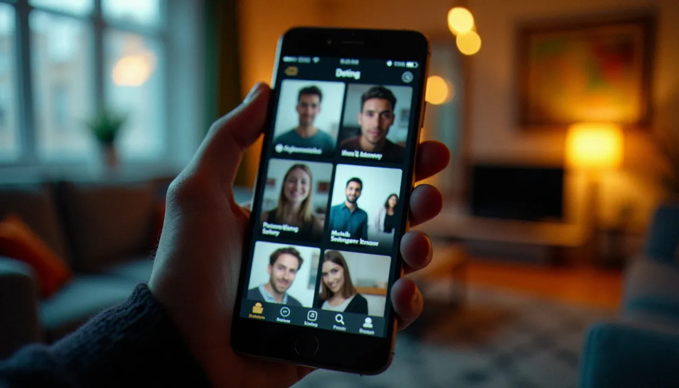 Smartphone affichant une interface floue d'application de rencontre, illustrant la sélection d'une annonce cougar en ligne