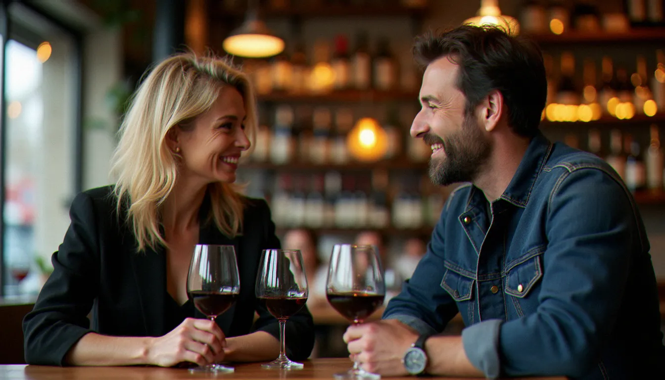 Femme d'une quarantaine d'années et homme plus jeune en conversation dans un bar à vins, illustrant une rencontre intergénérationnelle en France
