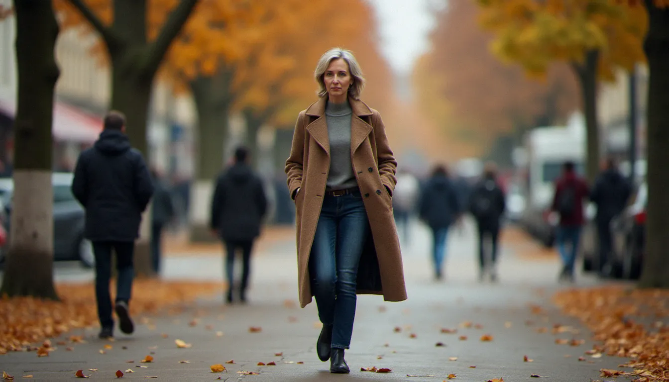 Femme mature et assurée se promenant sur un boulevard parisien en automne, symbole de l'indépendance et de la liberté des femmes cougars en France