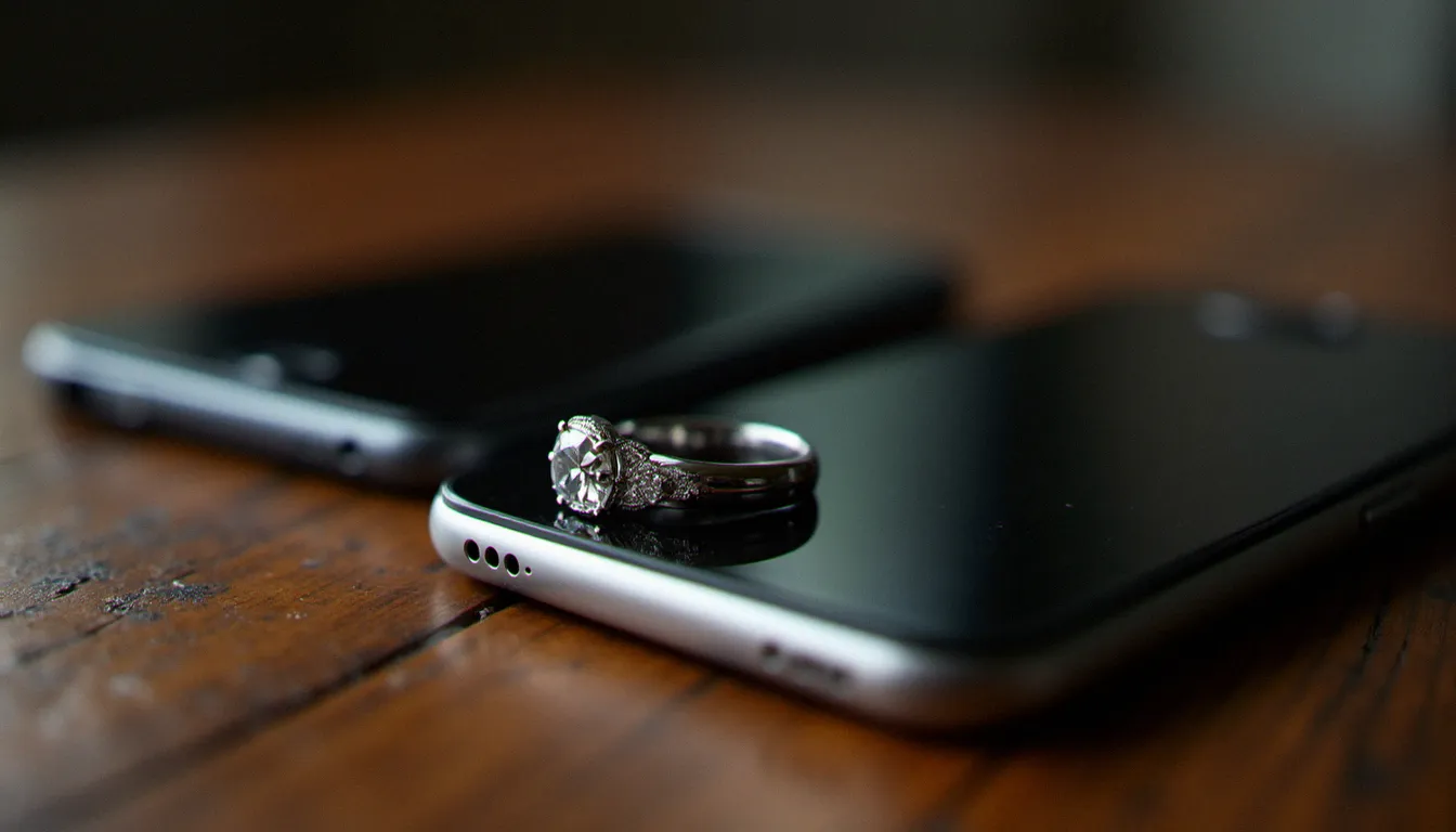 Deux téléphones retournés sur une table en bois avec une alliance, symbolisant les secrets et les non-dits dans une relation