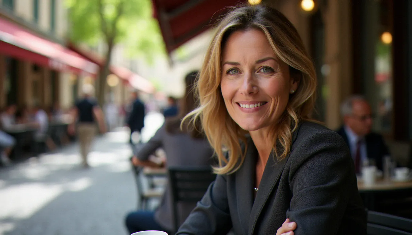 Femme mûre élégante attablée à une terrasse de café lyonnaise, illustrant la vie sociale et les rencontres cougar à Lyon