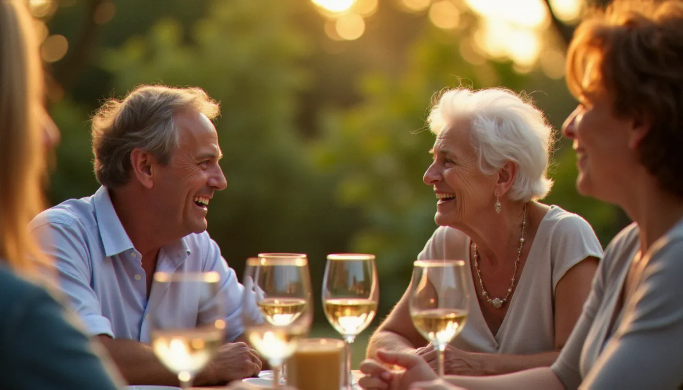 Femme mature et homme plus jeune en conversation animée lors d'un dîner en terrasse, illustrant une relation cougar épanouie