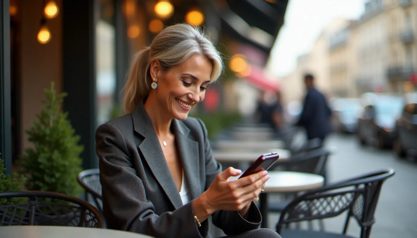 Femme cougar maman élégante dans un café parisien, souriante et confiante, lumière naturelle du matin