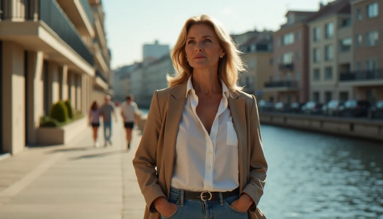 Femme épanouie se promenant dans le quartier moderne du Lez à Montpellier, symbole de la liberté et de la confiance en soi