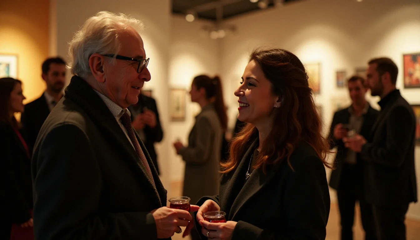 Homme et femme d'âges différents en conversation détendue lors d'un vernissage, illustrant une rencontre cougar dans un cadre culturel