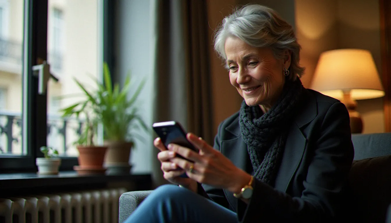 Femme mûre utilisant son smartphone pour explorer des applications de rencontres, illustrant comment trouver un cougar plan en ligne