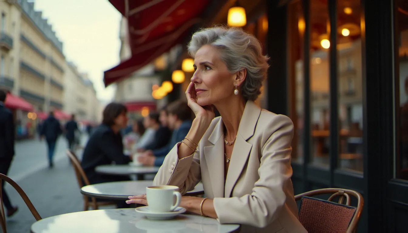 Femme mûre élégante assise en terrasse de café à Paris, illustrant le concept de cougar plan et de séduction assumée après 40 ans