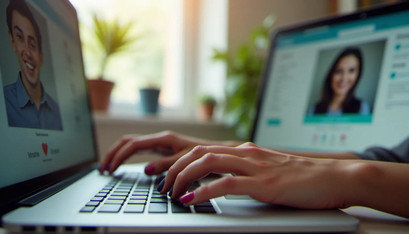 Femme naviguant sur un site de rencontre cougar depuis son ordinateur portable à domicile