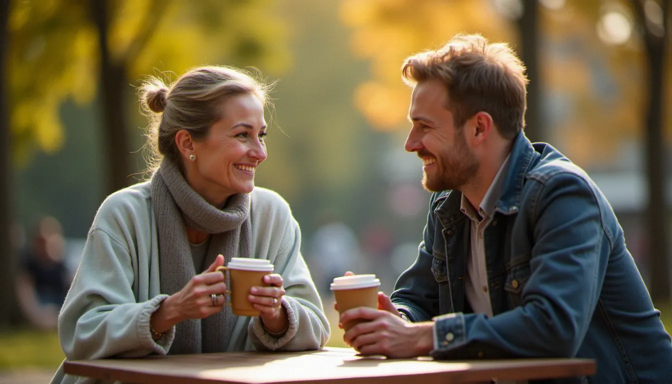 Rencontre entre une femme mûre et un homme plus jeune autour d'un café en extérieur, illustrant une relation cougar authentique