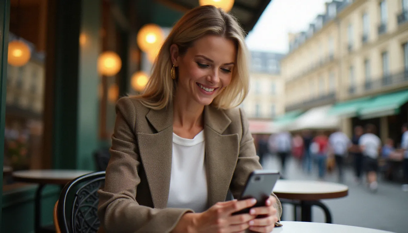 Femme mûre élégante à Paris consultant son téléphone sur un cougar site de rencontre en terrasse de café