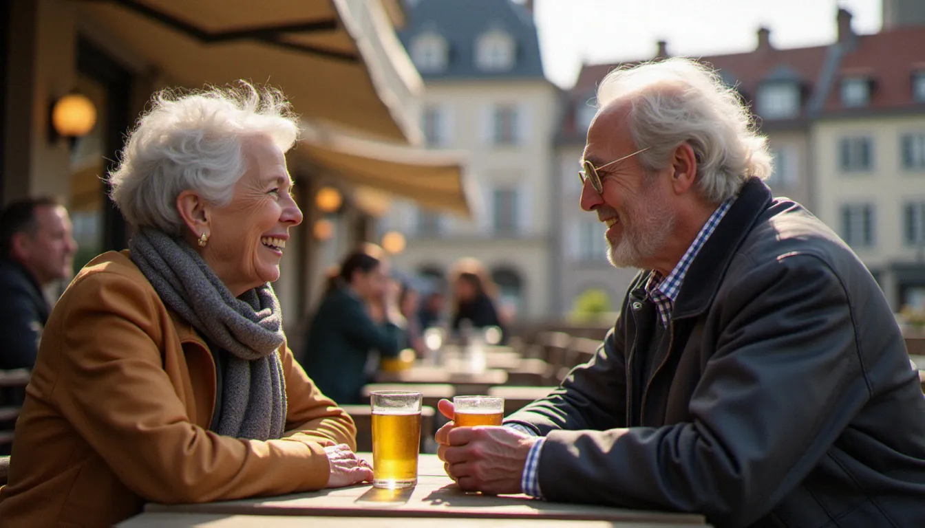 Deux personnes d'âges différents en conversation animée à une terrasse de café strasbourgeois, symbolisant la rencontre intergénérationnelle en Alsace