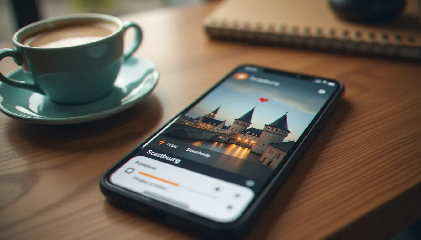 Smartphone affichant une application de rencontres avec géolocalisation Strasbourg, illustrant l'utilisation des plateformes numériques pour les rencontres cougar