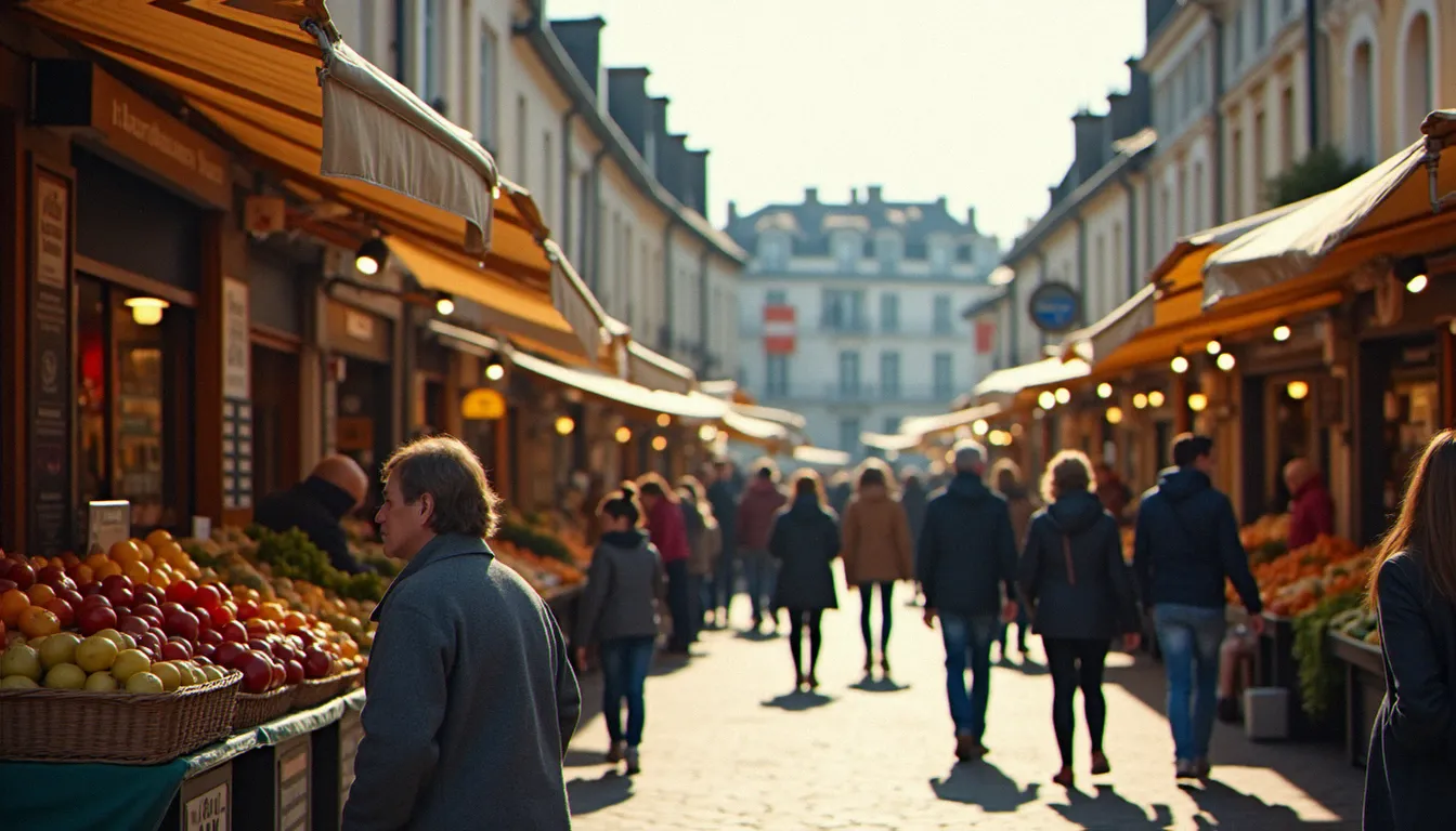 Marché animé dans le centre de Brest avec des personnes de tous âges, lieu de rencontres authentiques et intergénérationnelles