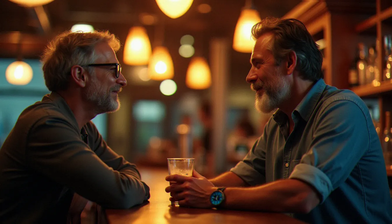 Conversation authentique entre deux personnes d'âges différents dans un bar brestois, illustrant la dynamique des rencontres cougar