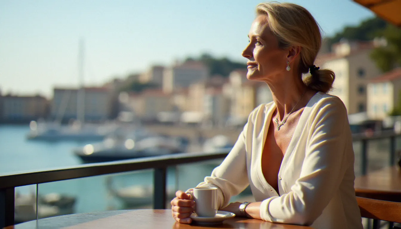 Femme mûre élégante attablée en terrasse à Brest, regard tourné vers le port, illustrant l'univers des rencontres cougar sur Brest