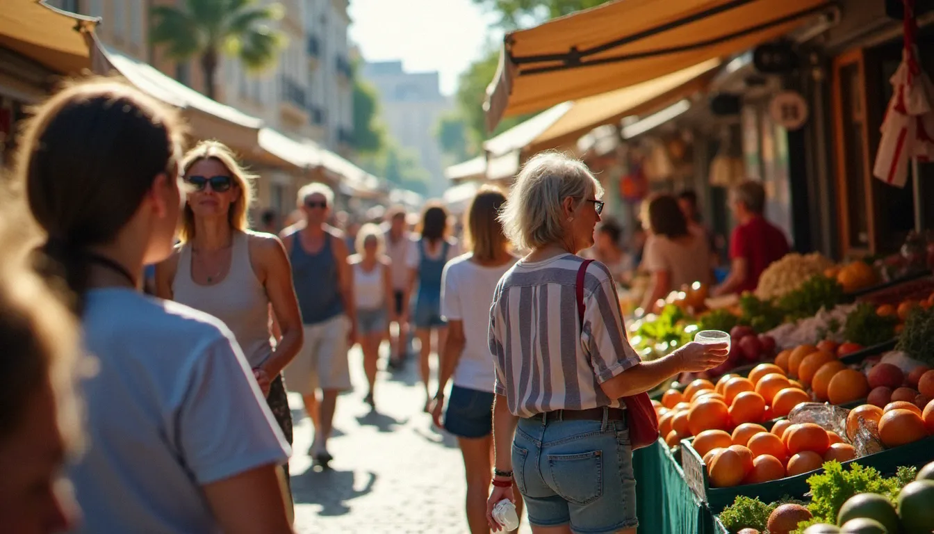 Marché animé en plein air à Montpellier, lieu de sociabilité naturelle propice aux rencontres entre adultes de générations différentes