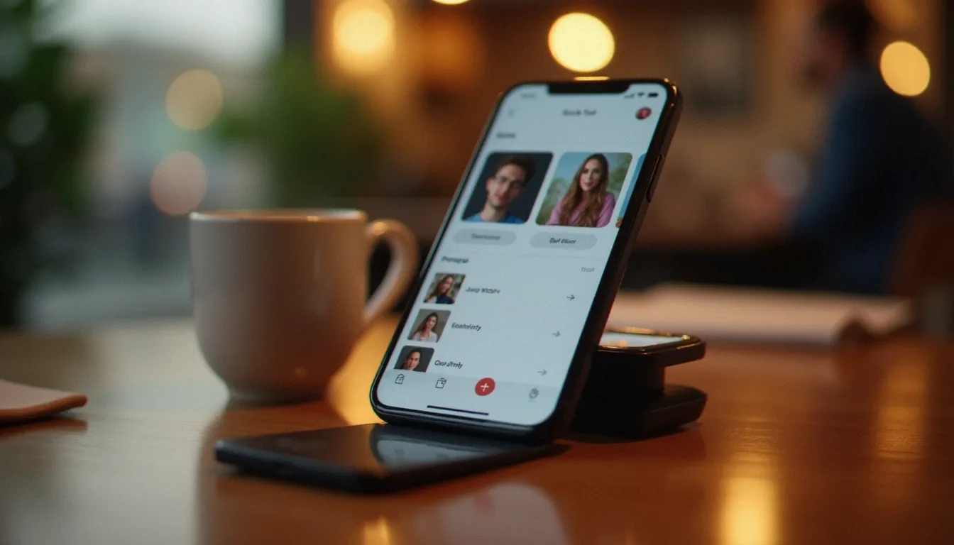 Smartphone posé sur une table de café affichant une application de rencontre floue, illustrant l'utilisation du digital pour trouver une cougar sur Montpellier