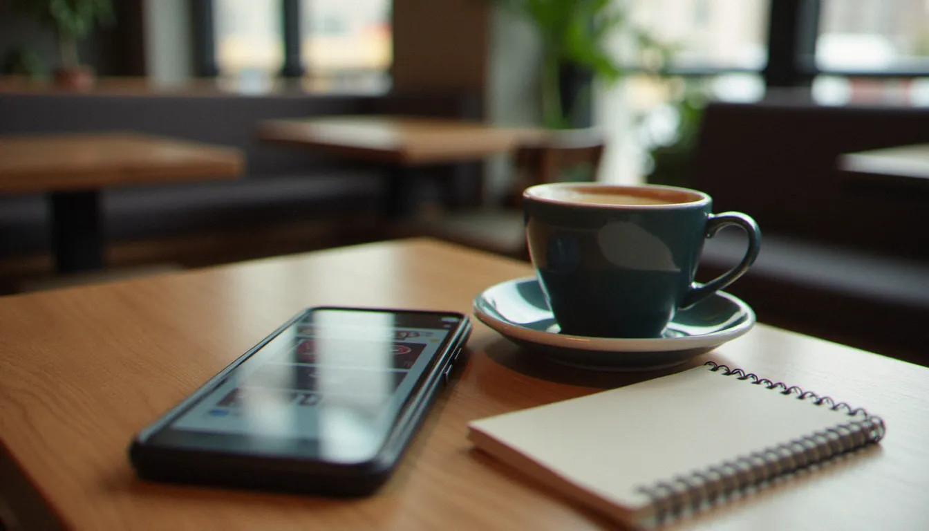 Smartphone posé sur une table de café avec une application de rencontre ouverte, illustrant les outils numériques utilisés pour les rencontres cougar à Strasbourg