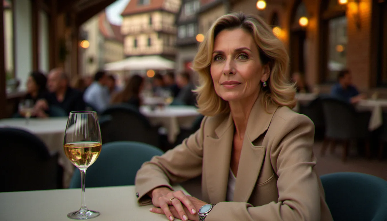 Femme mûre élégante attablée dans une brasserie alsacienne à Strasbourg, illustration d'une cougar sur Strasbourg assumant sa séduction