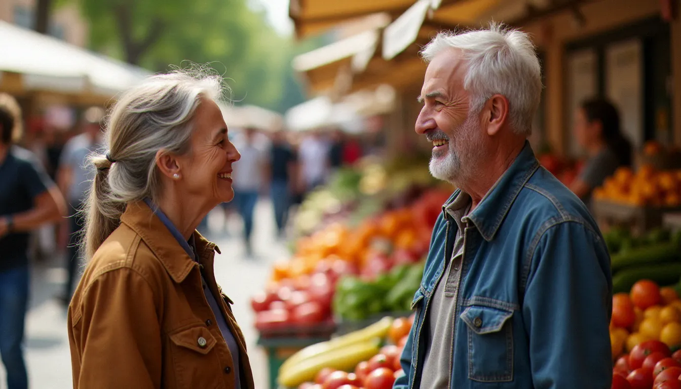 Deux adultes d'âges différents échangeant de manière décontractée sur un marché toulousain, illustration des rencontres intergénérationnelles à Toulouse