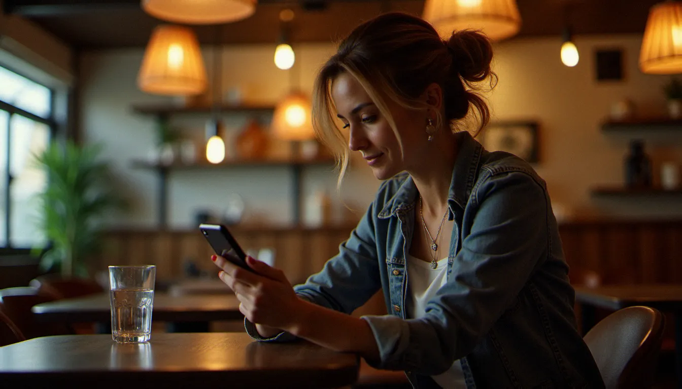 Femme mûre consultant une application de rencontres sur son téléphone dans un café cosy du Sud-Ouest, démarche cougar toulouse assumée et moderne