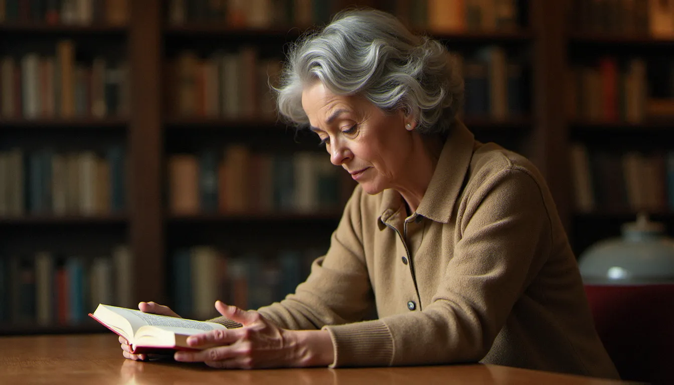 Femme mature concentrée dans une bibliothèque, représentant la recherche de sens et d'équilibre affectif