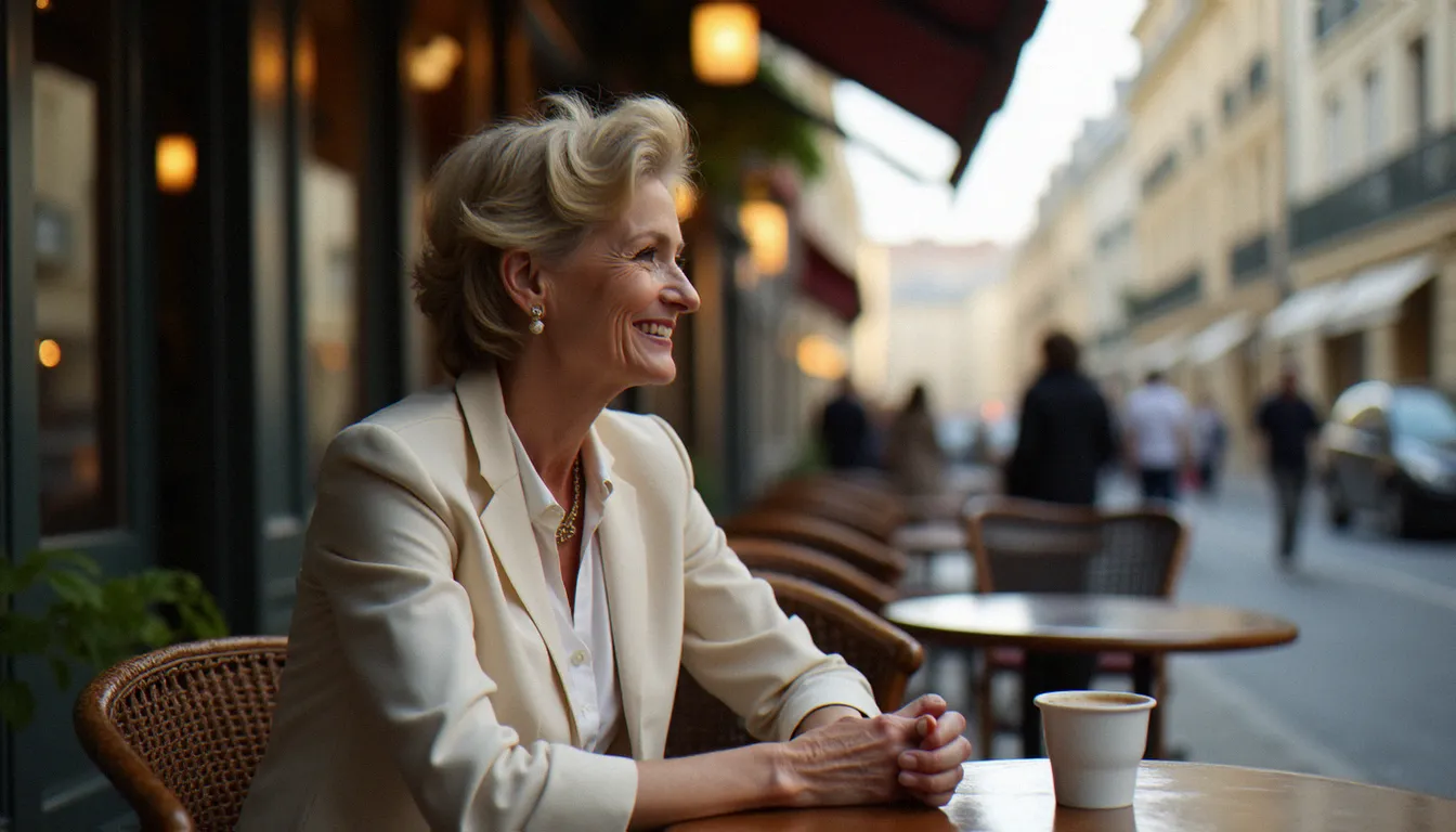 Femme mûre élégante pensive à une terrasse de café parisien, illustrant la réflexion sur les relations et les cougars infidèles