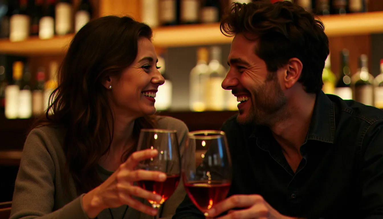 Homme et femme d'âges différents en grande conversation complice dans un bar à vins, symbolisant la dynamique des rencontres intergénérationnelles