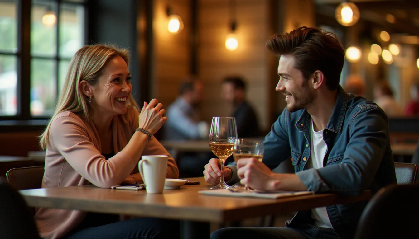 Couple avec écart d'âge discutant lors d'un dîner au restaurant, ambiance chaleureuse et complice