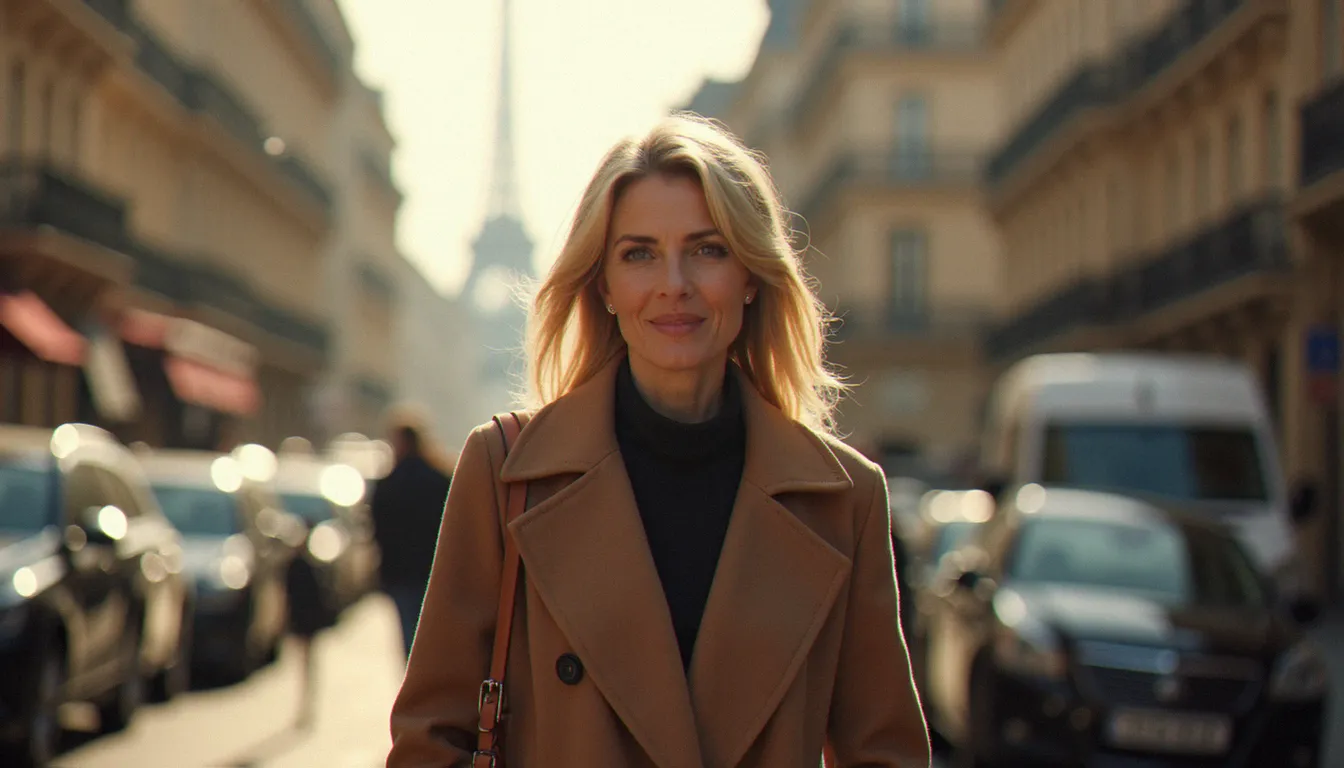 Femme mature et indépendante marchant dans une rue ensoleillée de Paris, allure élégante et assurée