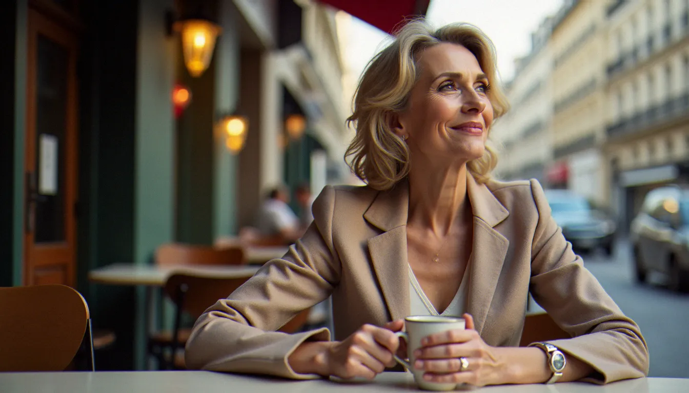 Femme mûre élégante dans un café parisien, illustrant une femme cougar qui cherche avec assurance et sérénité