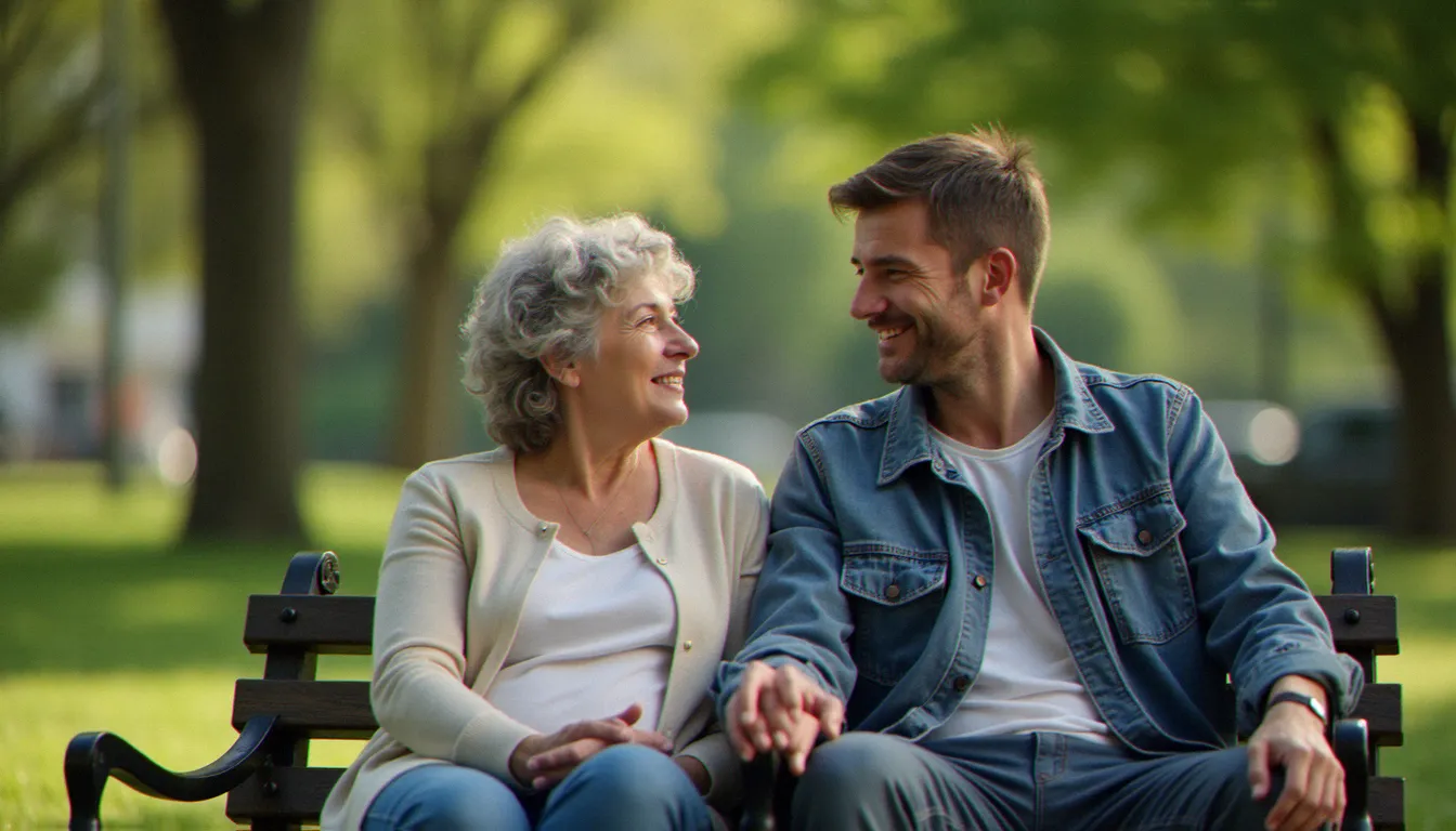 Femme mature et homme plus jeune en conversation bienveillante dans un parc, illustrant la dynamique des couples intergénérationnels