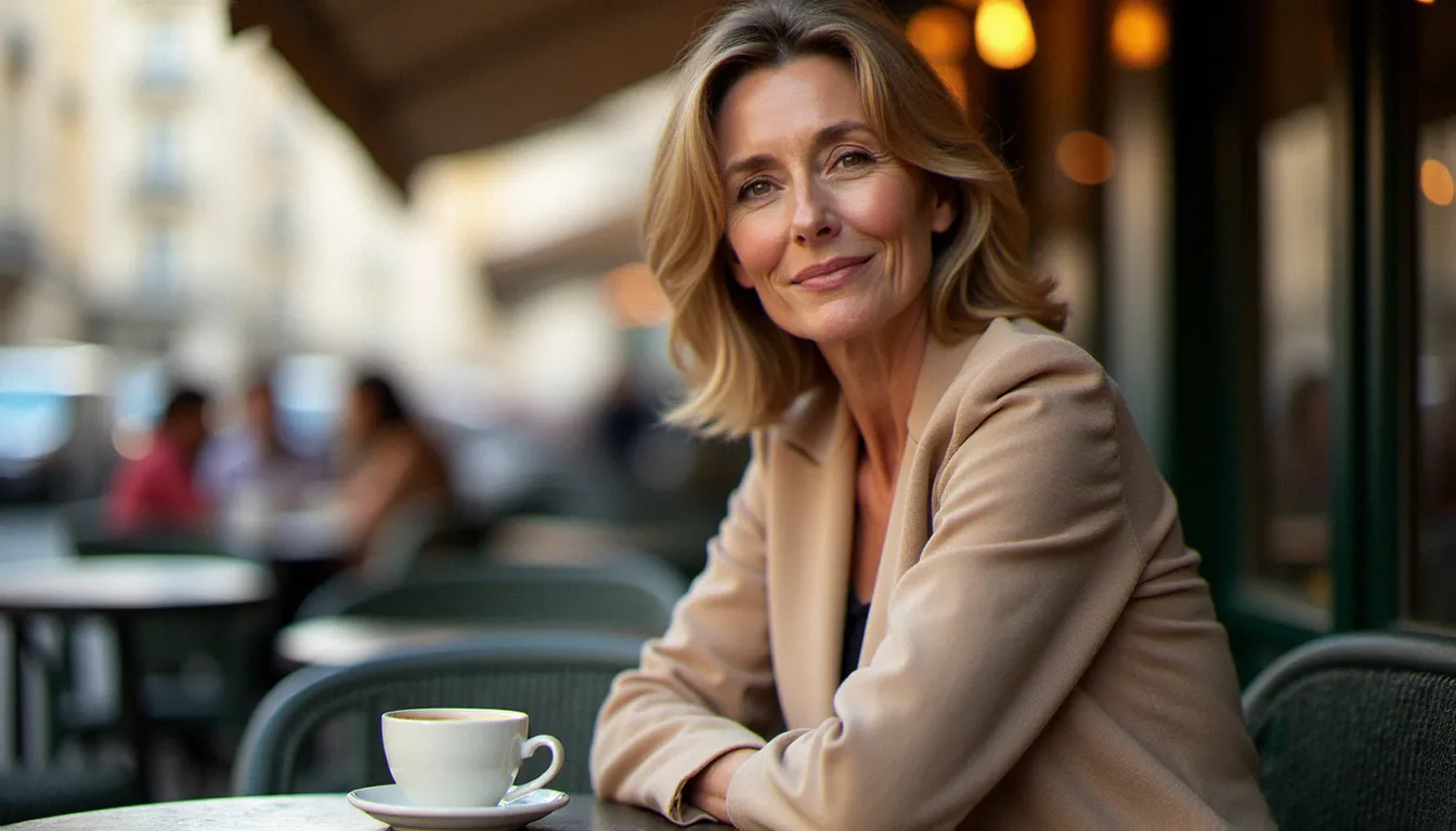 Femme mature élégante assise en terrasse parisienne, incarnant la confiance en soi des femmes matures qui aiment sans complexe