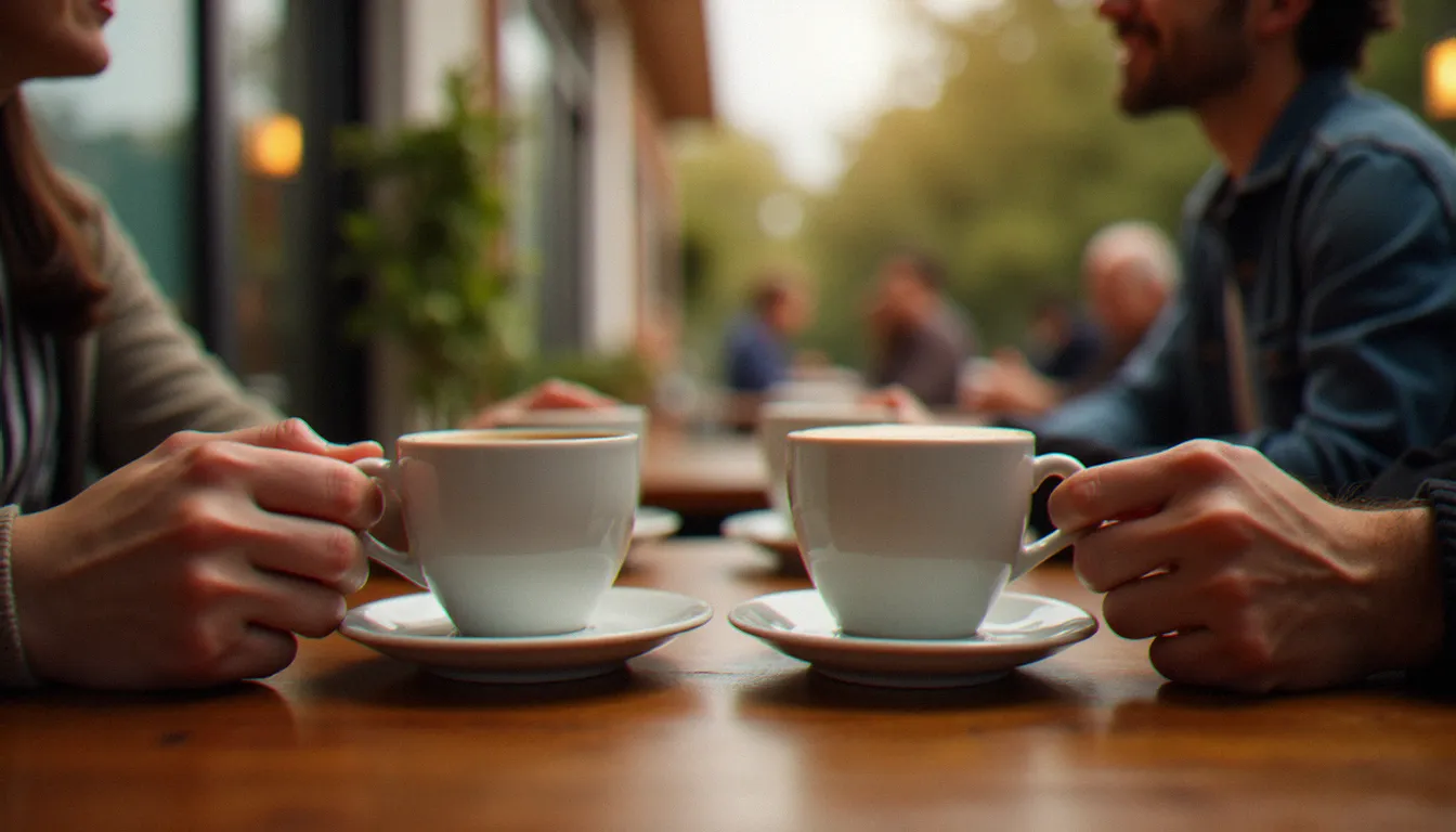 Deux mains tenant des tasses de café dans un café, symbolisant la complicité et la connexion dans une relation cougar entre femme mûre et homme plus jeune
