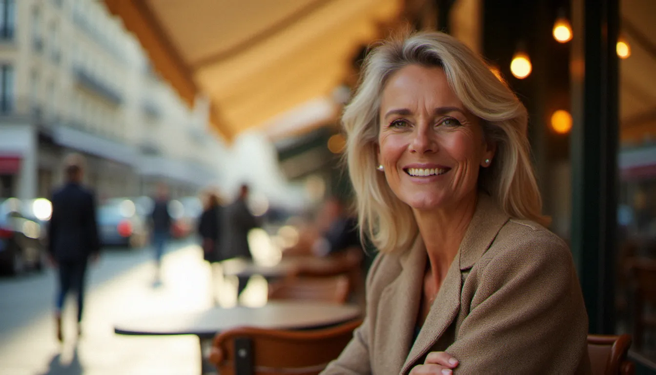 Femme cougar élégante attablée en terrasse parisienne, illustrant une rencontre cougar femme assumée et séduisante