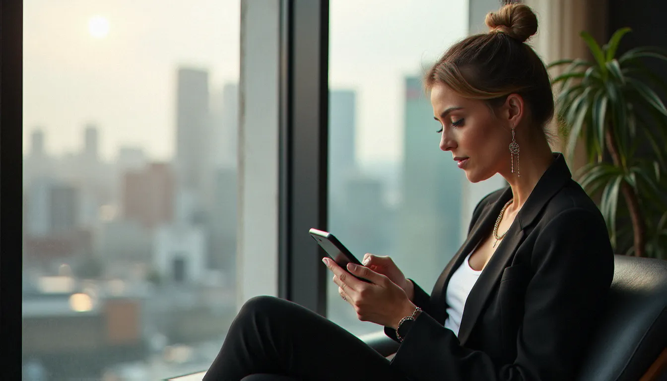 Une femme mûre et élégante consultant une application de rencontre sur son téléphone près d'une fenêtre avec vue sur la ville, symbolisant la recherche de rencontre des femmes cougars en ligne