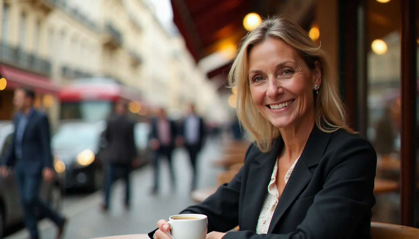 Femme élégante d'une cinquantaine d'années attablée à une terrasse de café parisien, illustrant le profil d'une femme cougar épanouie lors d'une rencontre