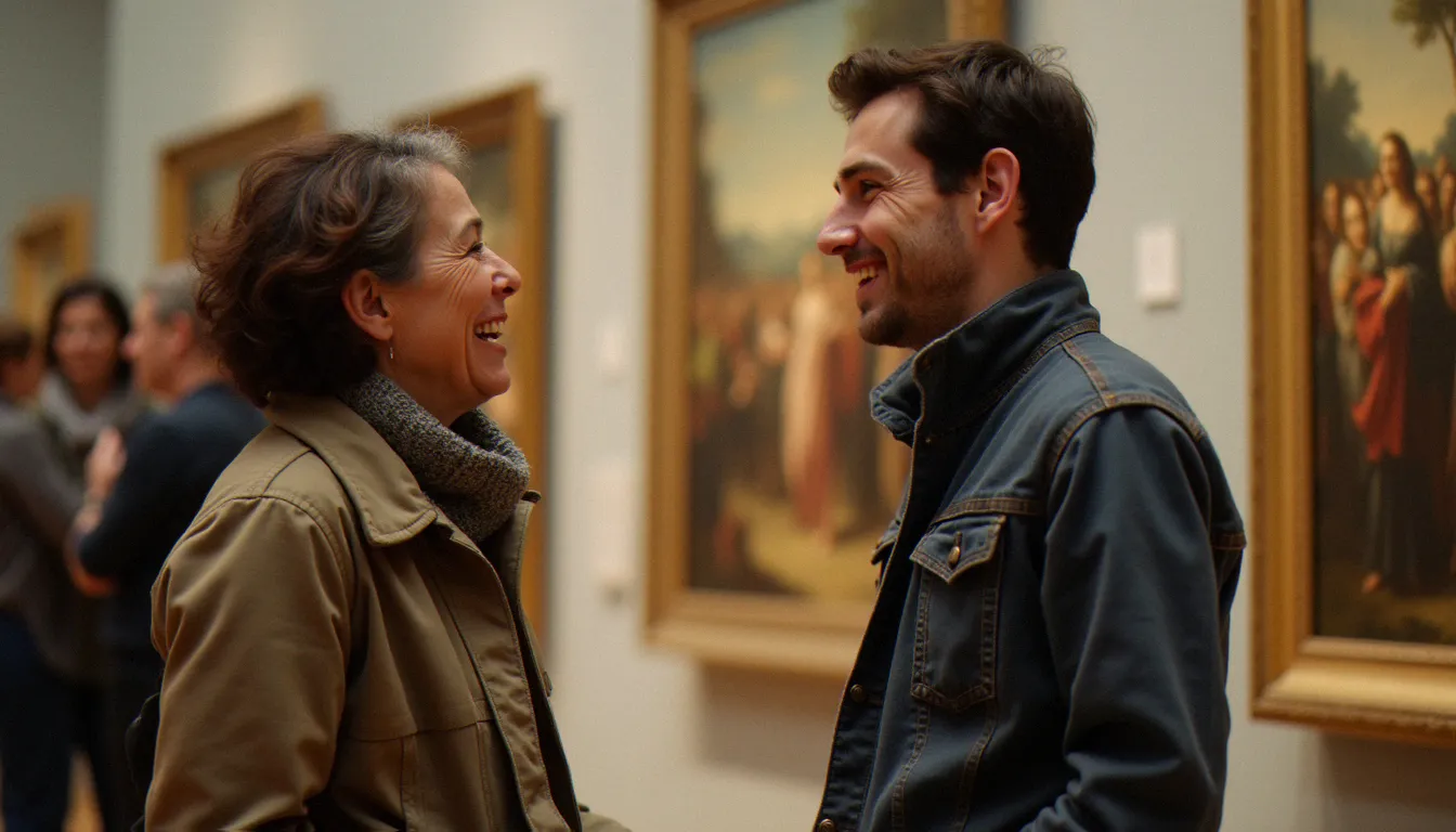 Une femme mûre et un homme plus jeune en conversation complice lors d'un vernissage, symbolisant la complicité intellectuelle au cœur des rencontres cougar