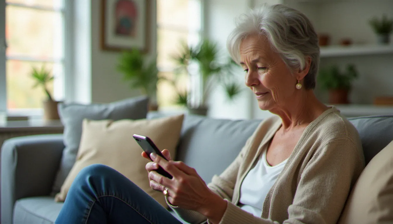 Femme mûre consultant une application de rencontre sur son téléphone dans un salon lumineux, représentant la recherche en ligne d'une rencontre femme cougar