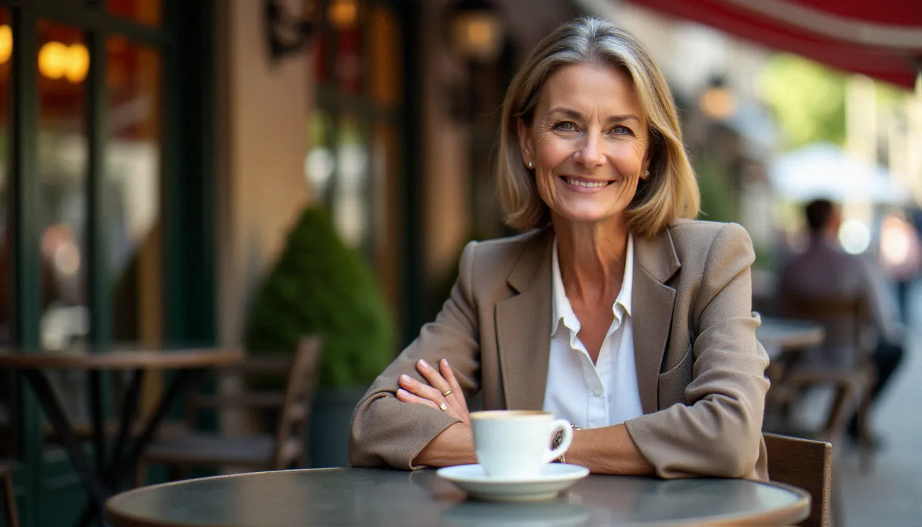 Femme mûre élégante souriante à la terrasse d'un café parisien, illustrant la confiance en soi liée aux rencontres entre femmes cougar et hommes jeunes